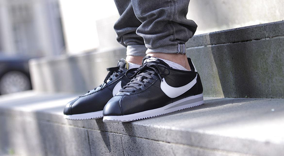 Grey Nike Classic Cortez Black Leather Men's Shoes Nike Classic