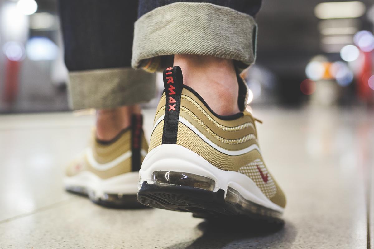 Nike Air Max 97 “Metallic Gold” Gold and White Sneakers with Red Accents Gold Bullet main image 4