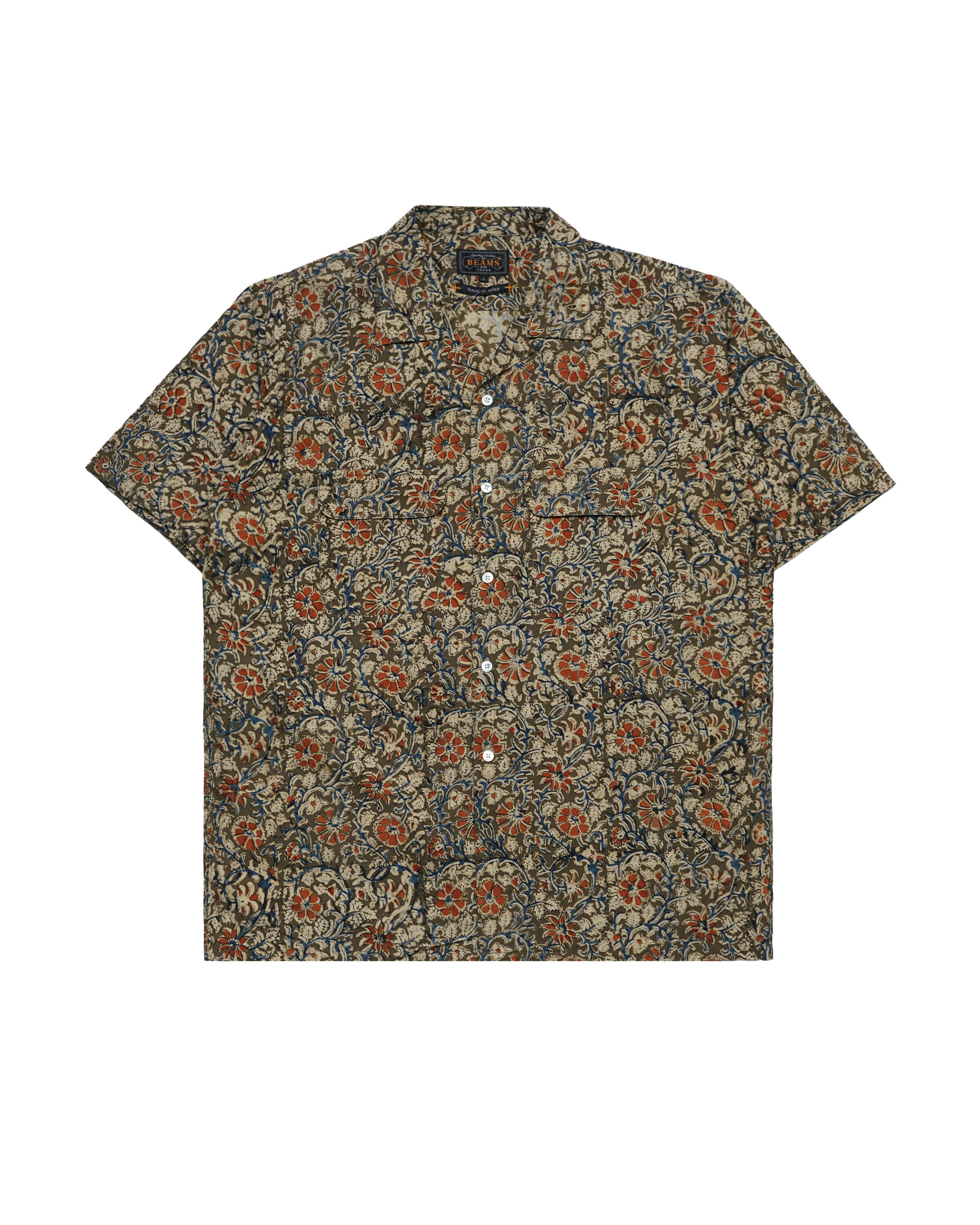 Beams+ Open Collar Short Sleeve Block Print