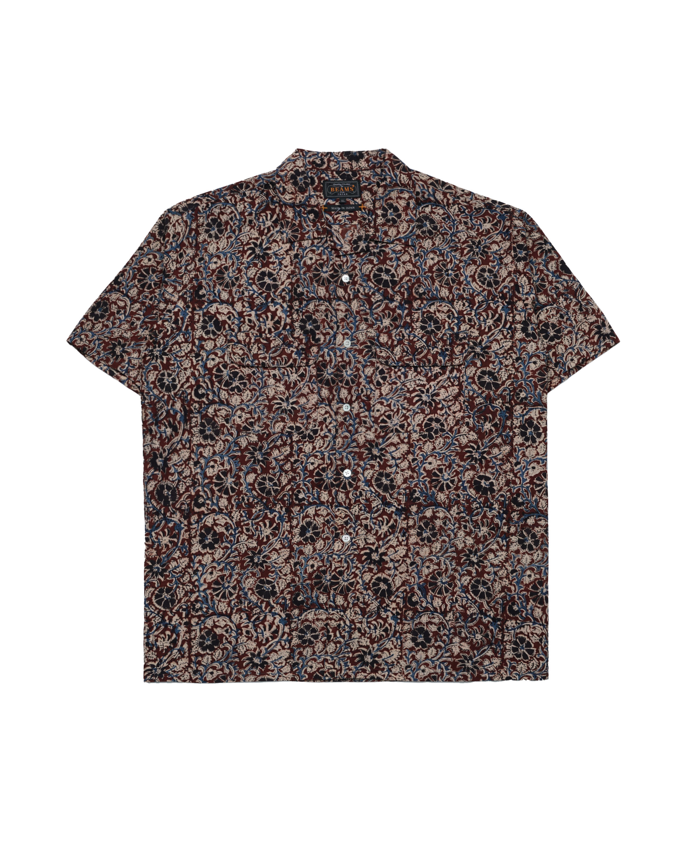 Beams+ Open Collar Short Sleeve Block Print