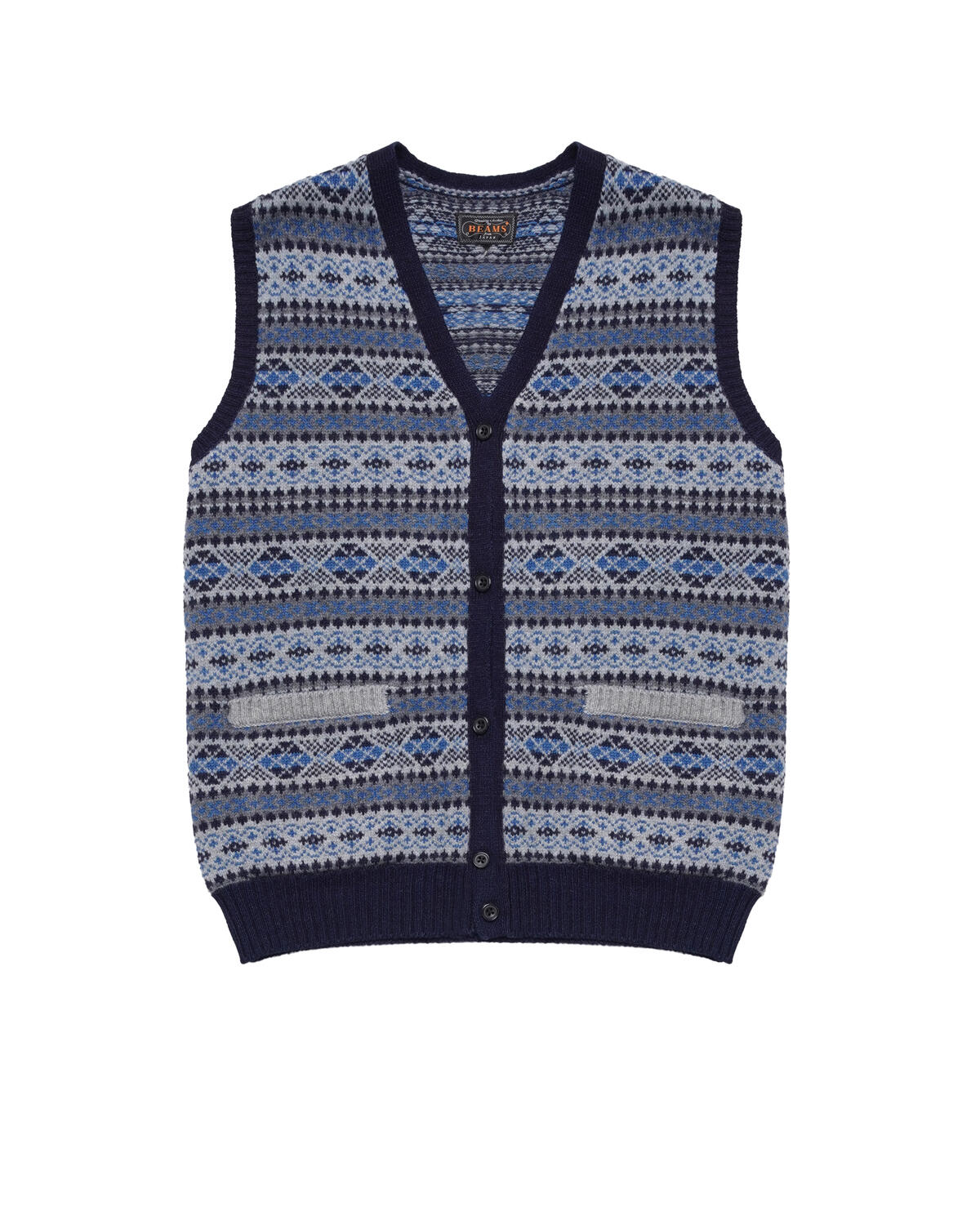 Beams+ Button Knit Vest Indigo Fair Isle - Image 2