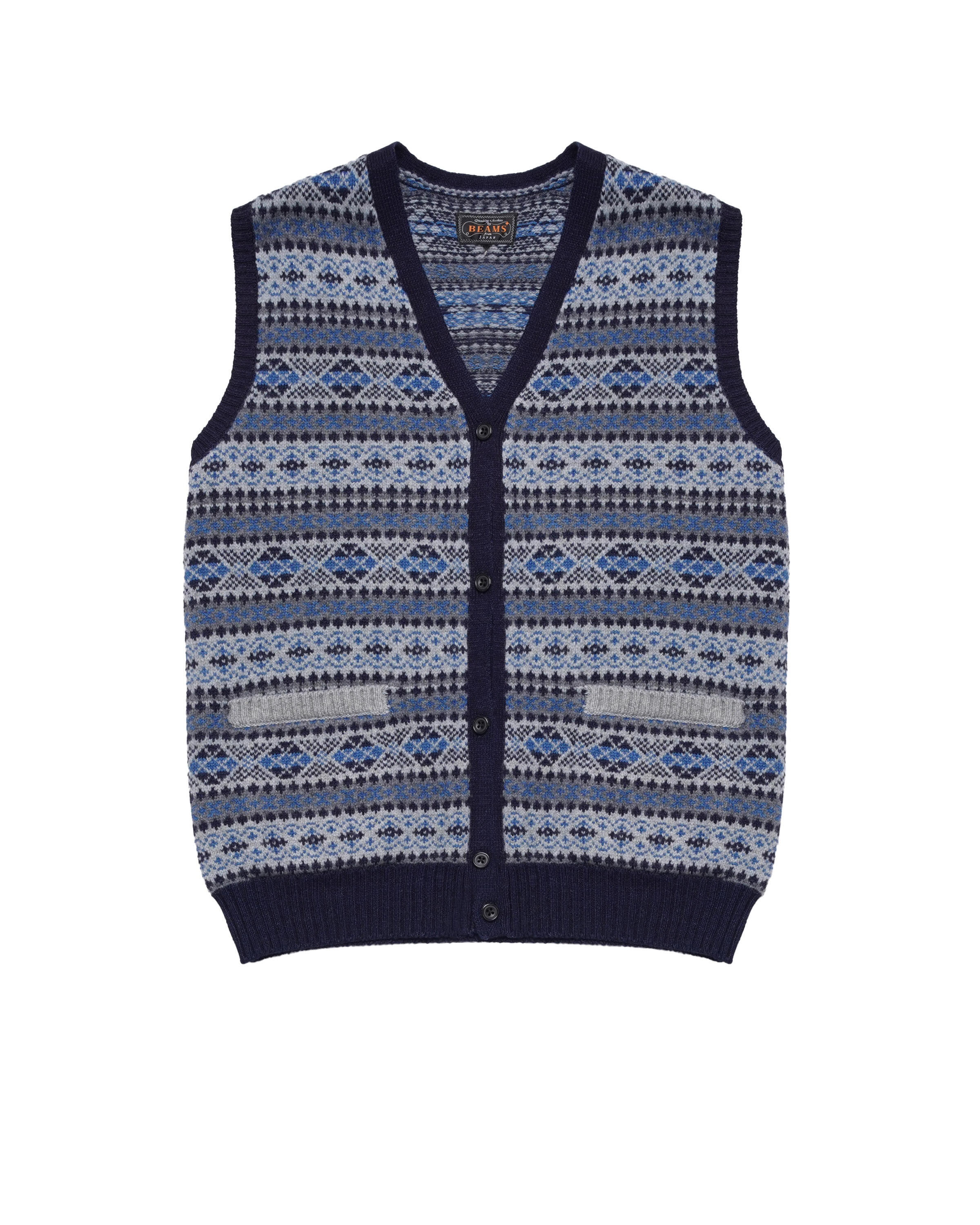 Beams+ Button Knit Vest Indigo Fair Isle