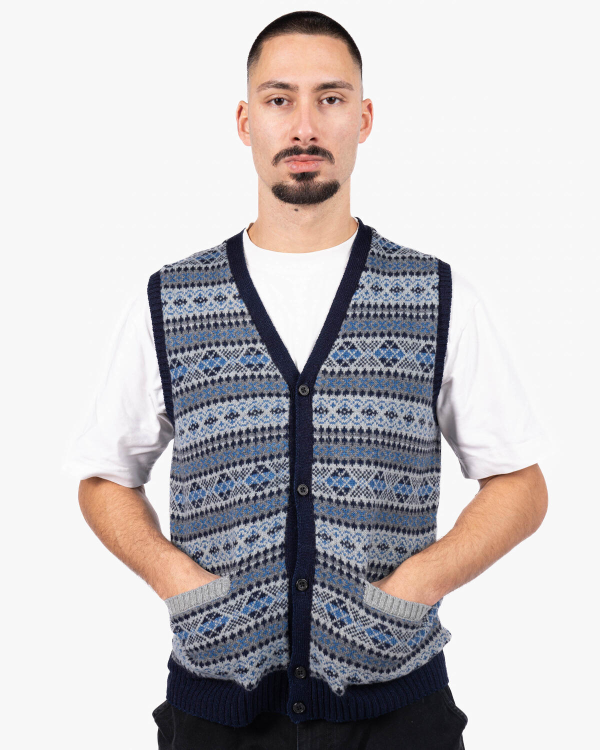 Beams+ Button Knit Vest Indigo Fair Isle, 3805002615615