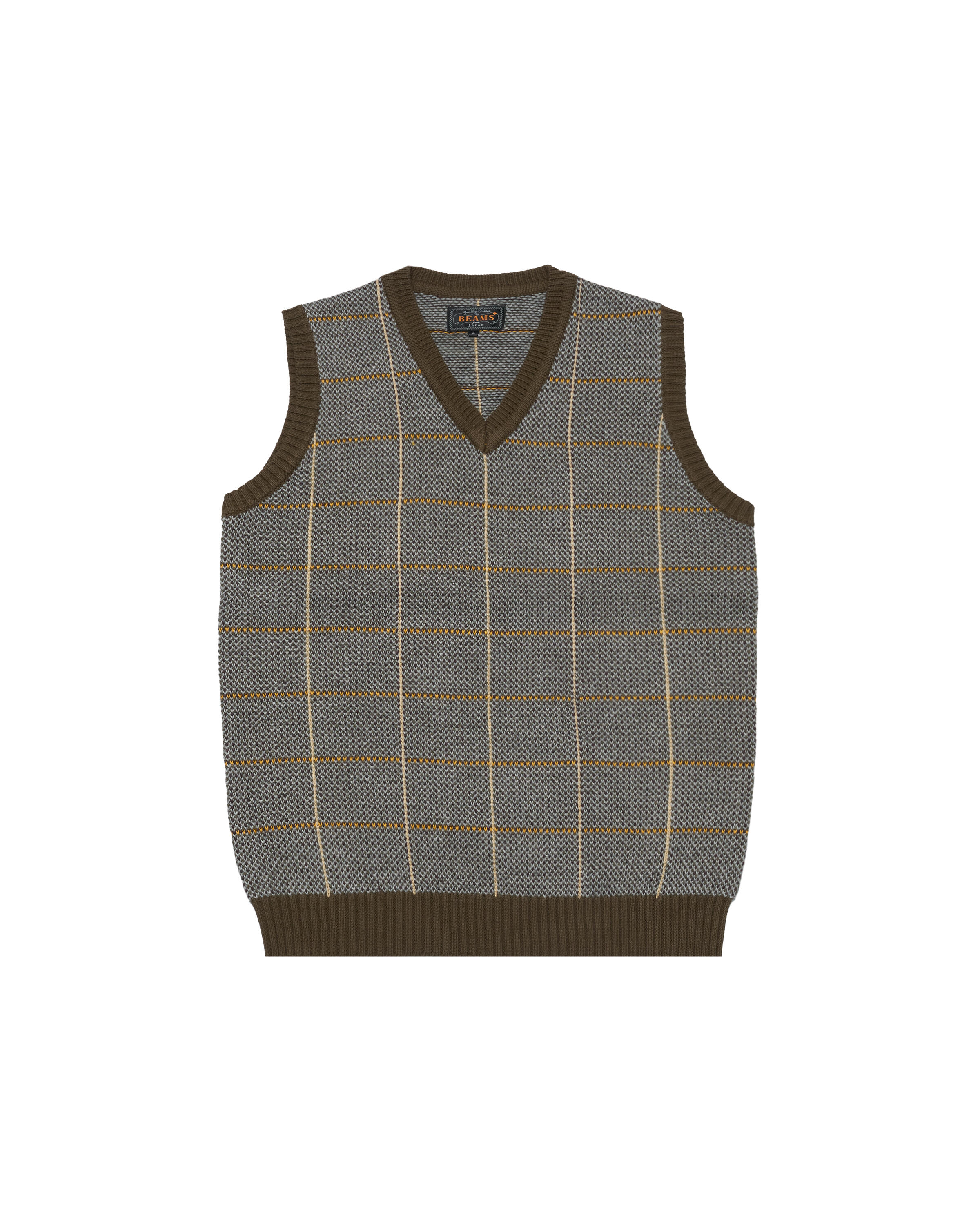 Beams+ Cotton Linen Vest Plaid