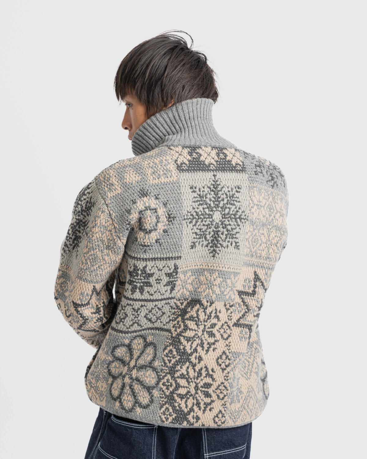 Beams+ Zip Cardigan Double Jacquard Patchwork Like Patter - Image 6