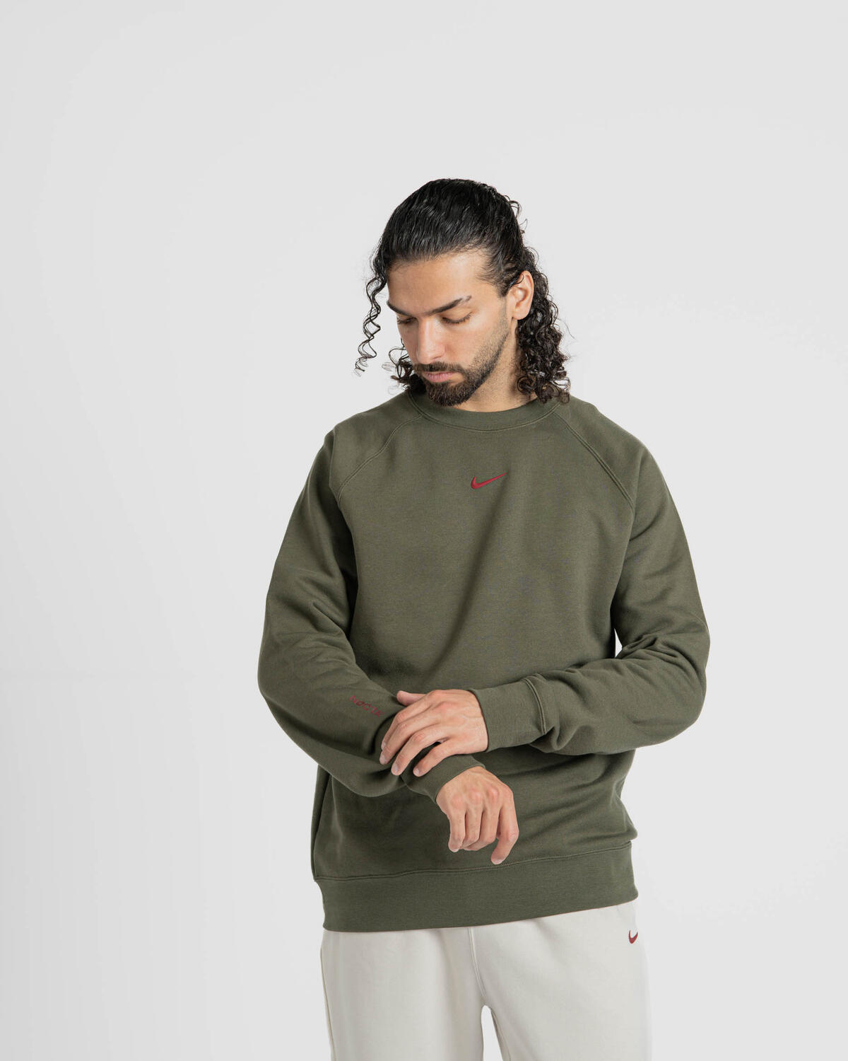 Nike NOCTA Men's Fleece CS Crew Cargo Khaki/Team Red FN8160-325 - Image 11