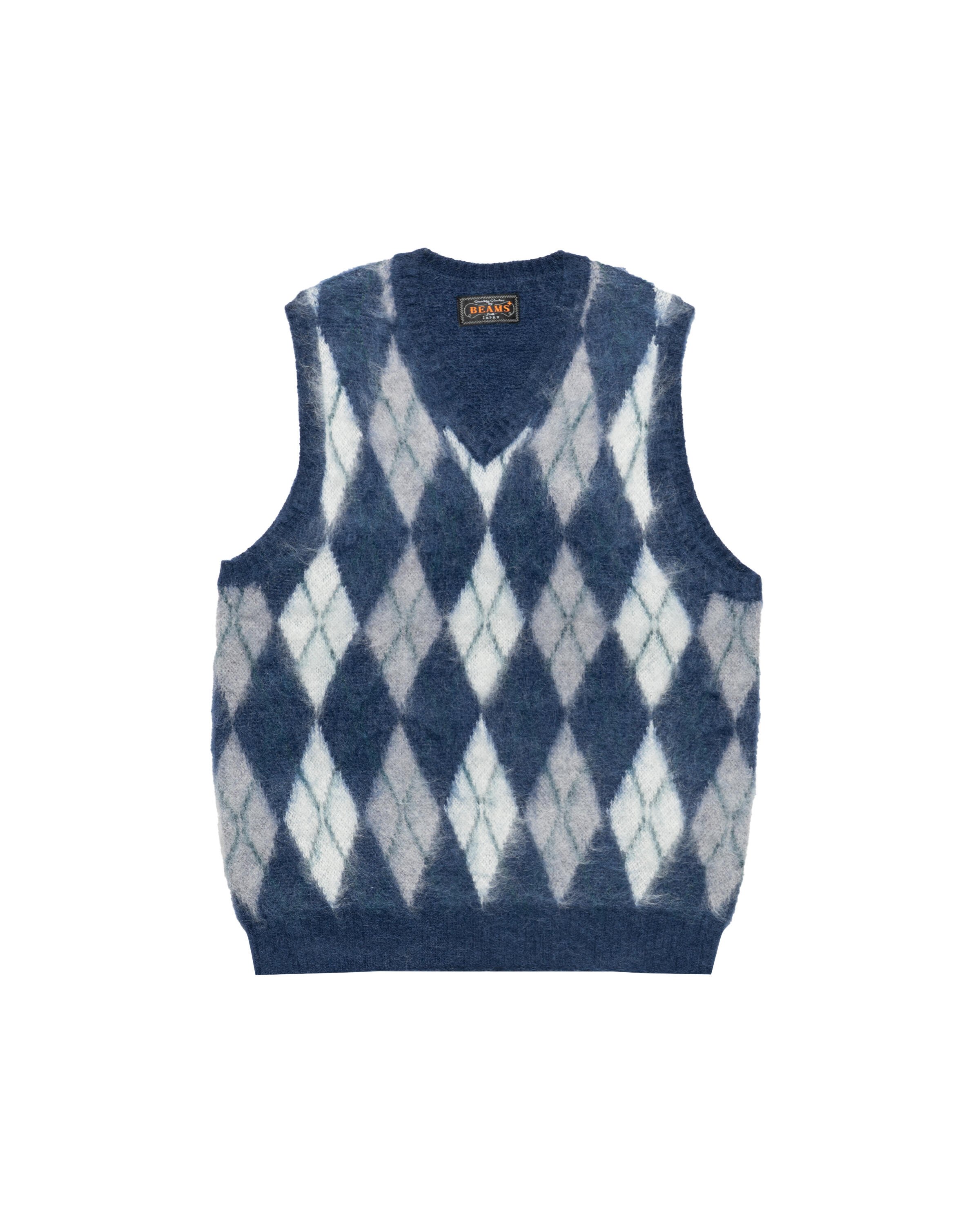 Beams+ Knit Vest Double Jacquard Argyle Pattern Mohair