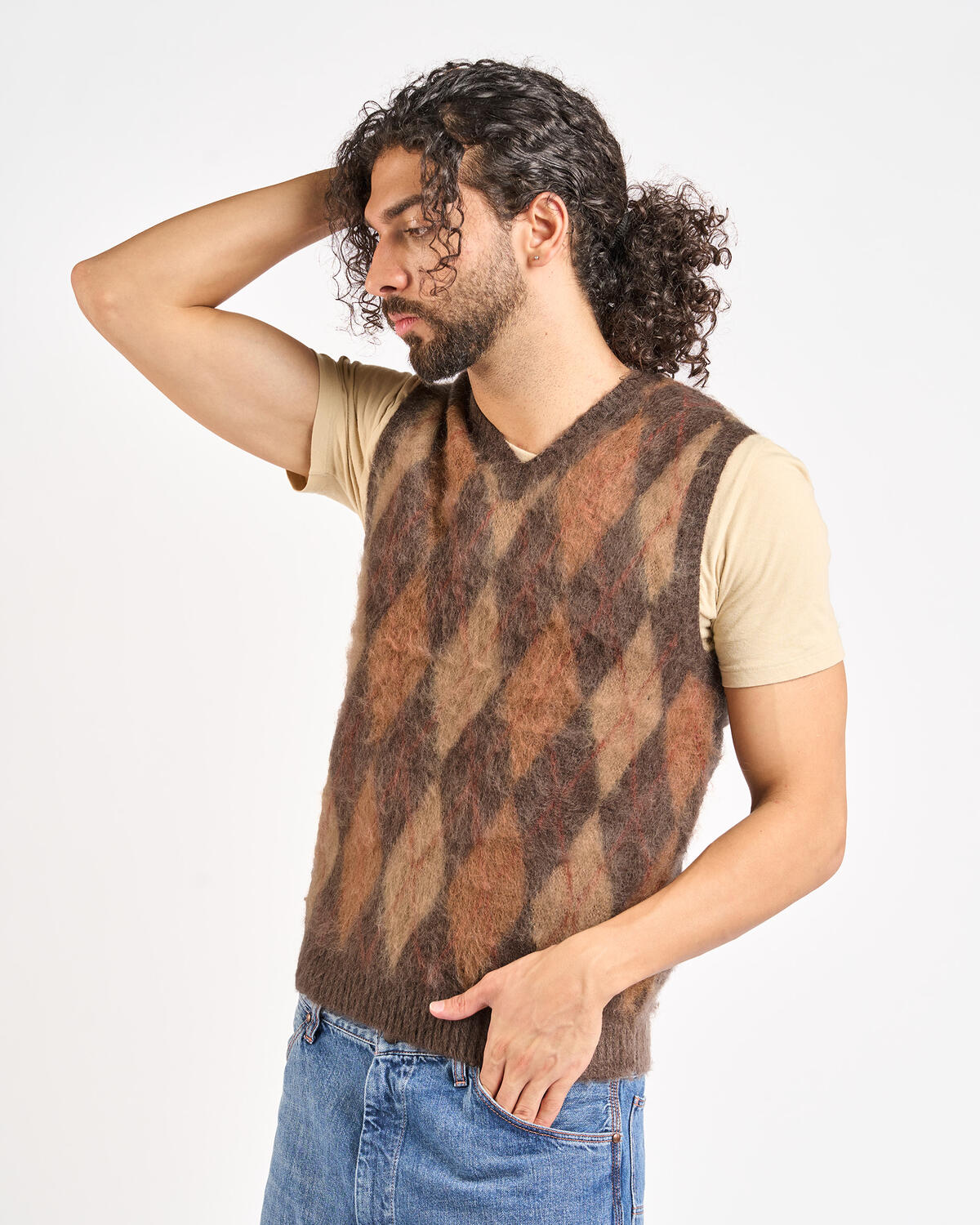 Beams+ Knit Vest Double Jacquard Argyle Pattern Mohair - Image 4