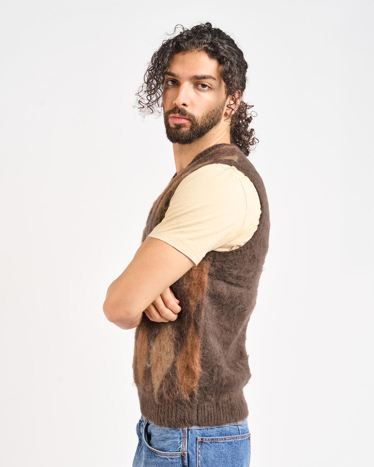 Beams+ Knit Vest Double Jacquard Argyle Pattern Mohair - Image 5