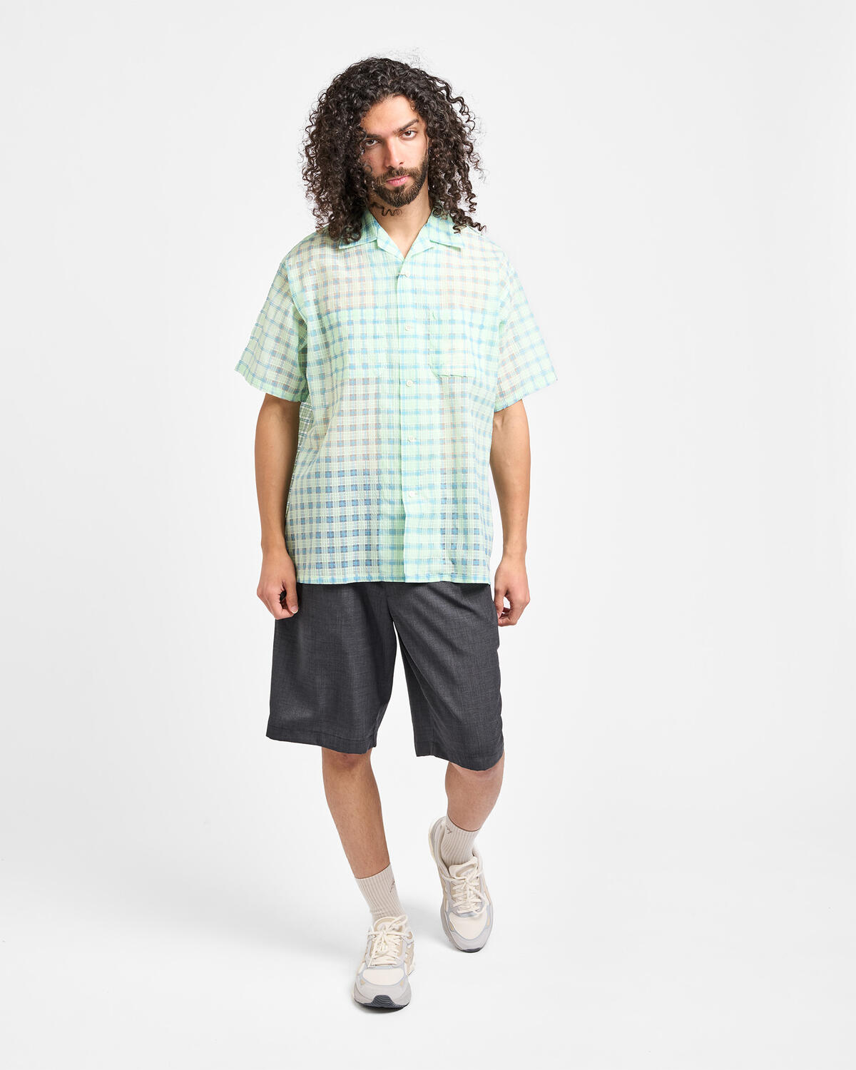 Beams+ Open Collar Nylon Airy Plaid - Image 3