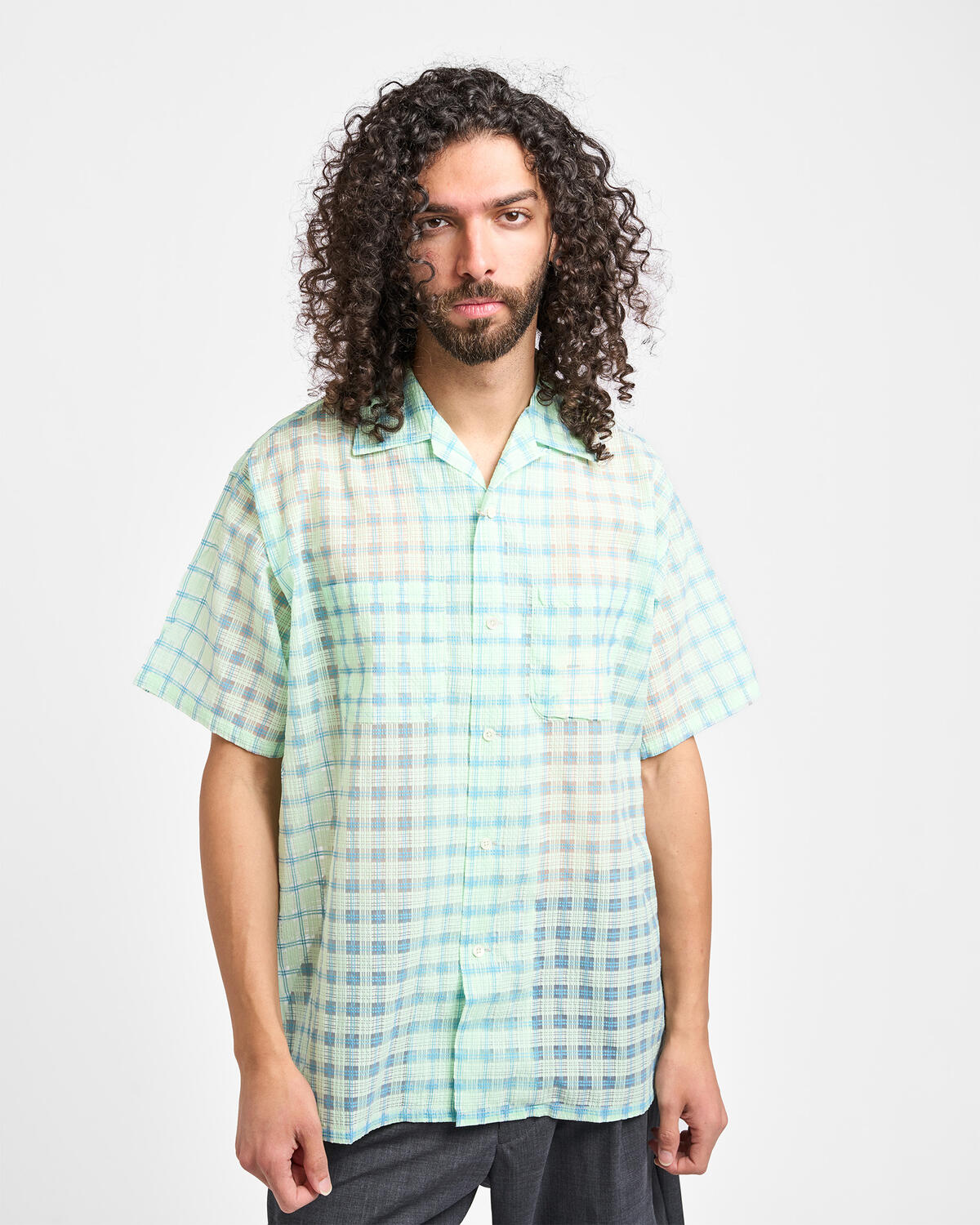 Beams+ Open Collar Nylon Airy Plaid - Image 4