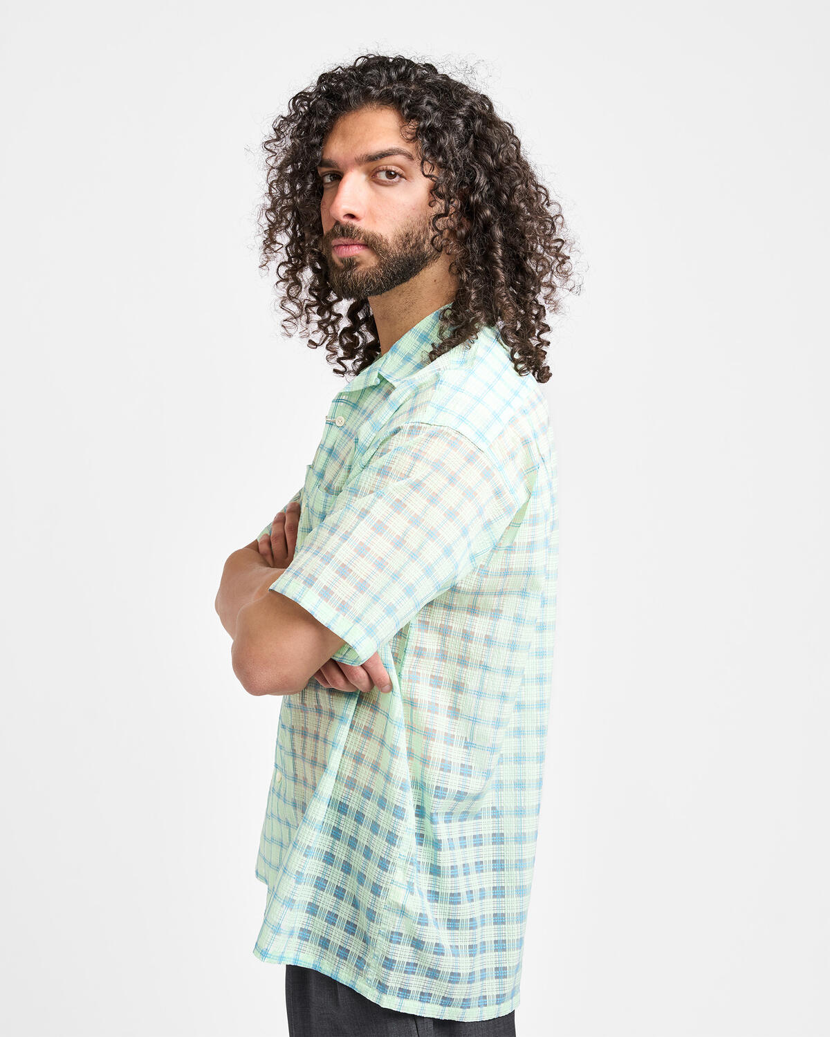 Beams+ Open Collar Nylon Airy Plaid - Image 5