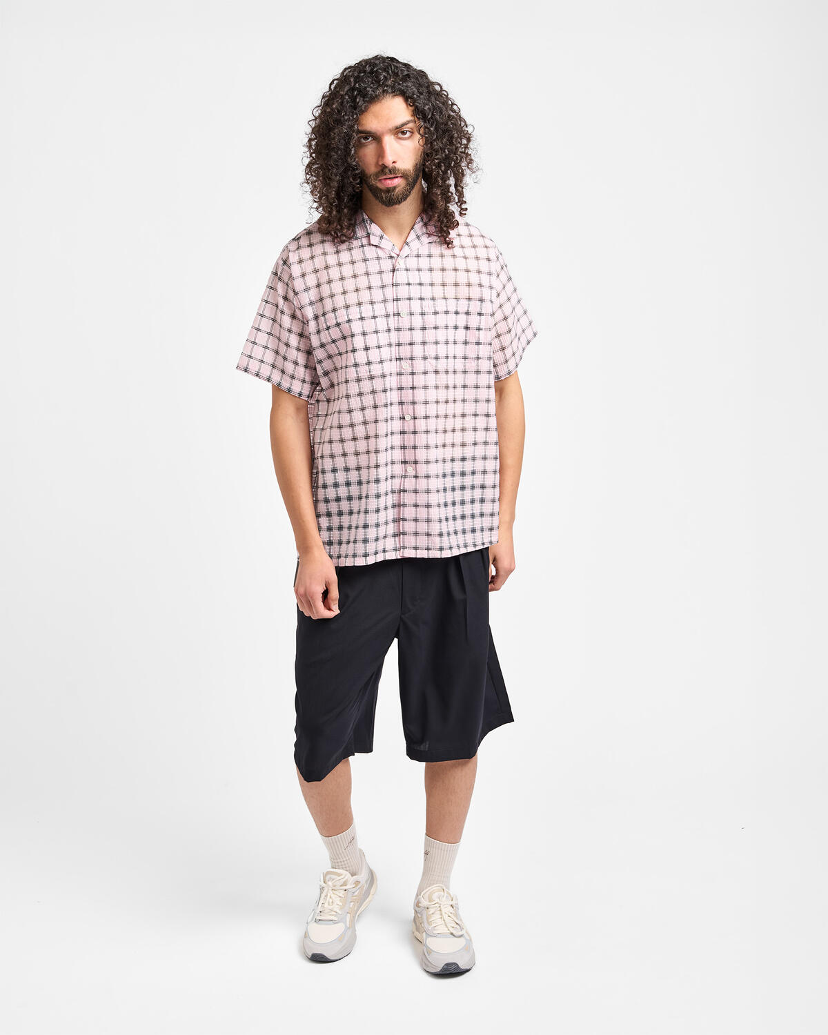 Beams+ Open Collar Nylon Airy Plaid - Image 3